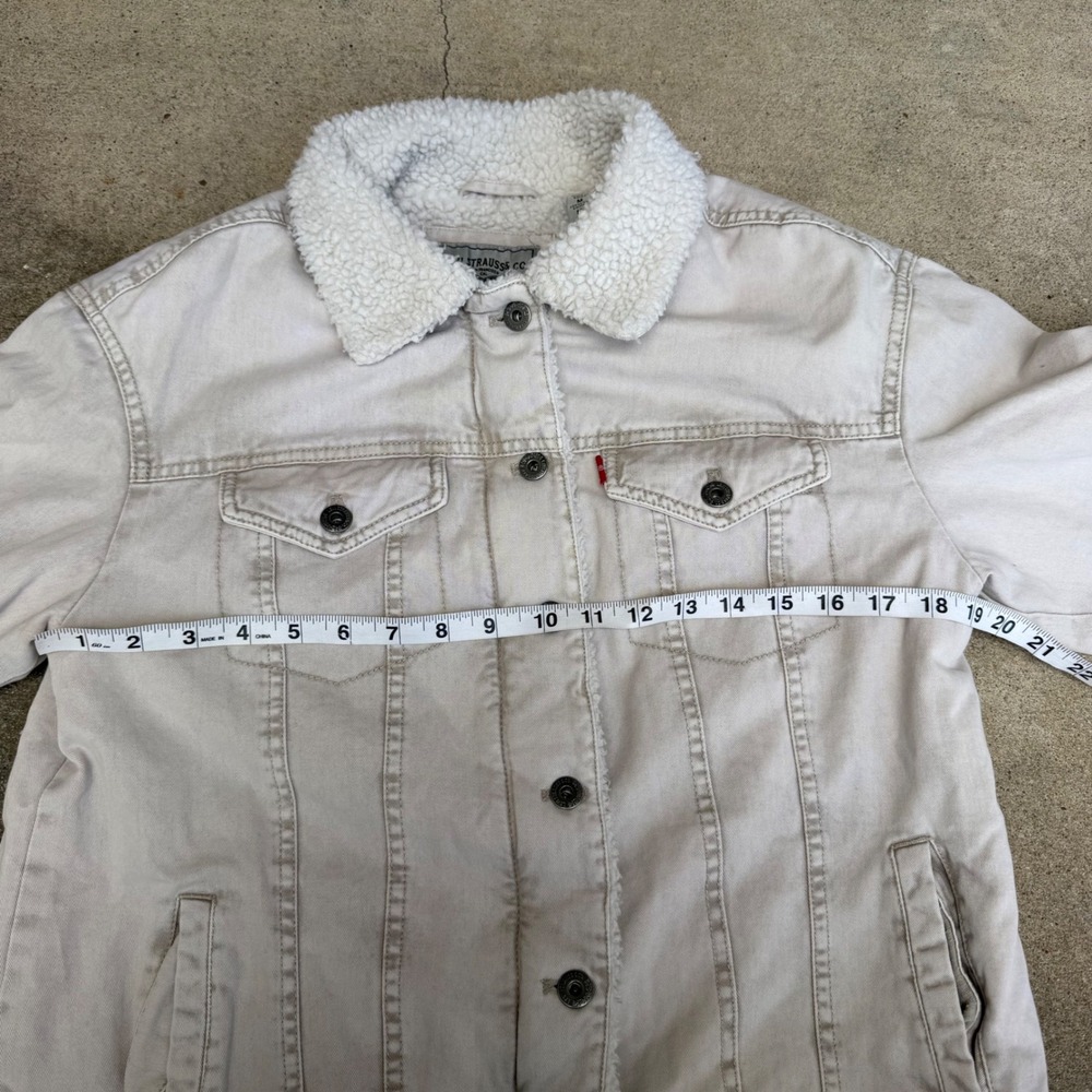 Levis Sherpa Lined Trucker Jacket Mens Medium Tan Stone Wash Denim Coat - Picture 4 of 7